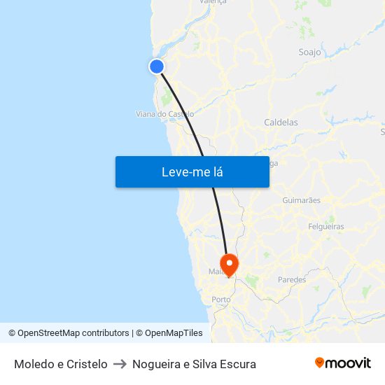 Moledo e Cristelo to Nogueira e Silva Escura map