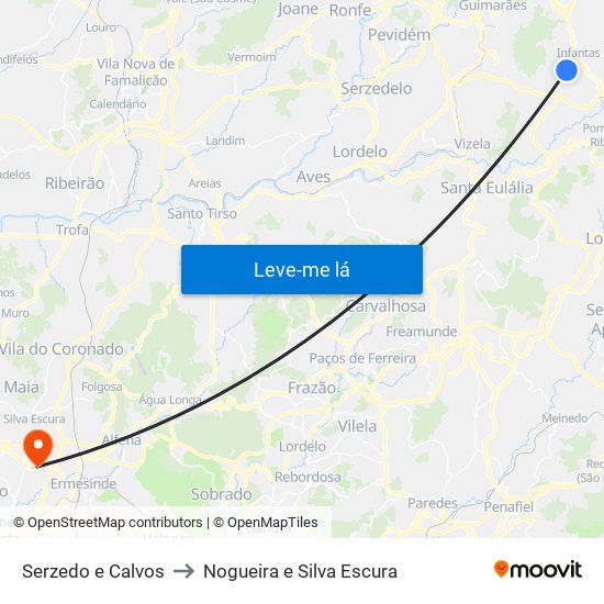 Serzedo e Calvos to Nogueira e Silva Escura map