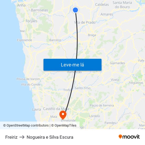 Freiriz to Nogueira e Silva Escura map