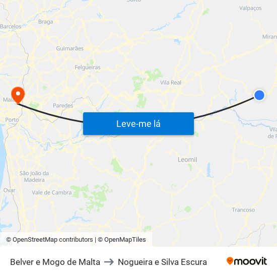 Belver e Mogo de Malta to Nogueira e Silva Escura map