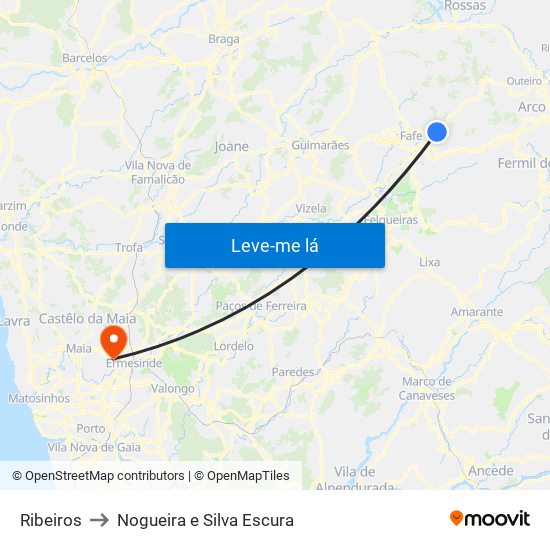 Ribeiros to Nogueira e Silva Escura map