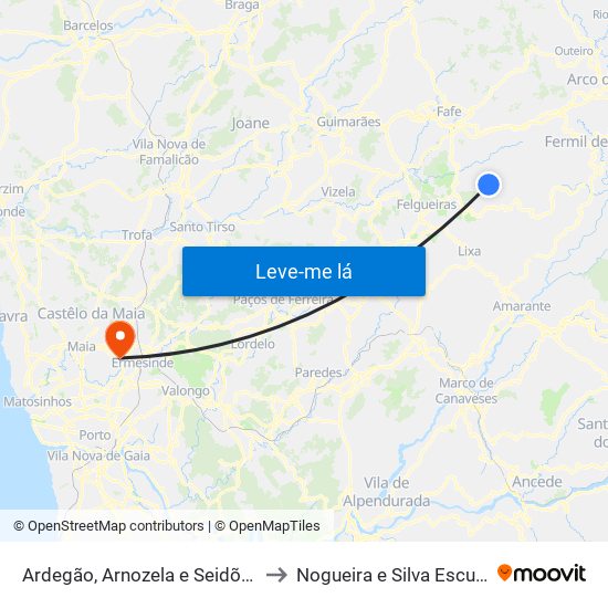 Ardegão, Arnozela e Seidões to Nogueira e Silva Escura map