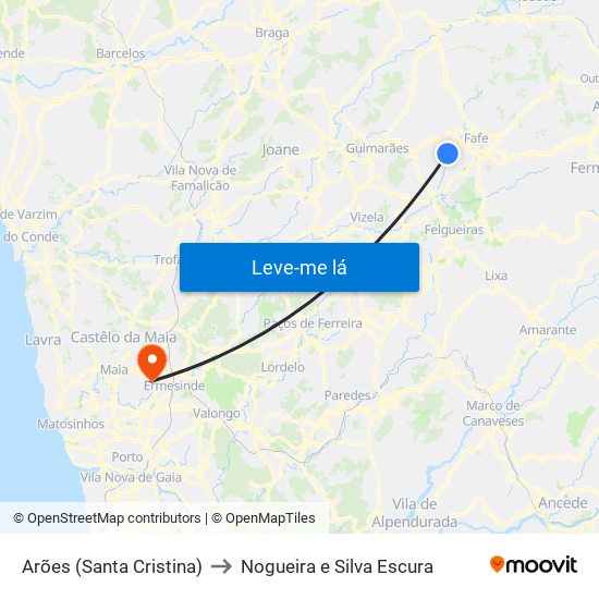 Arões (Santa Cristina) to Nogueira e Silva Escura map