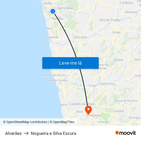 Alvarães to Nogueira e Silva Escura map