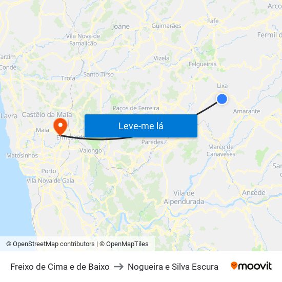 Freixo de Cima e de Baixo to Nogueira e Silva Escura map