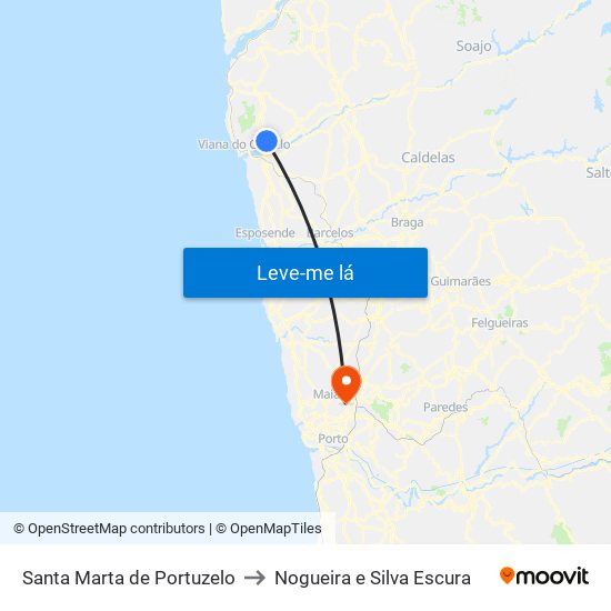 Santa Marta de Portuzelo to Nogueira e Silva Escura map