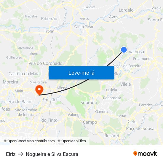 Eiriz to Nogueira e Silva Escura map