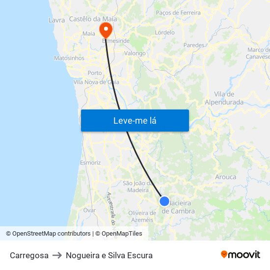 Carregosa to Nogueira e Silva Escura map