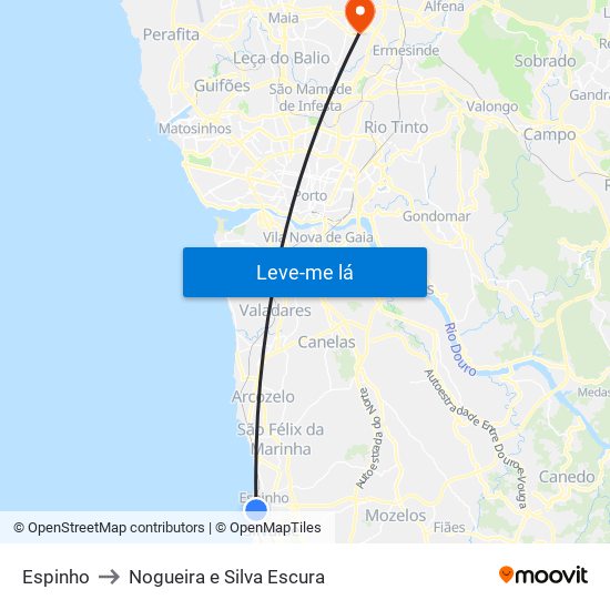 Espinho to Nogueira e Silva Escura map