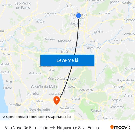 Vila Nova De Famalicão to Nogueira e Silva Escura map