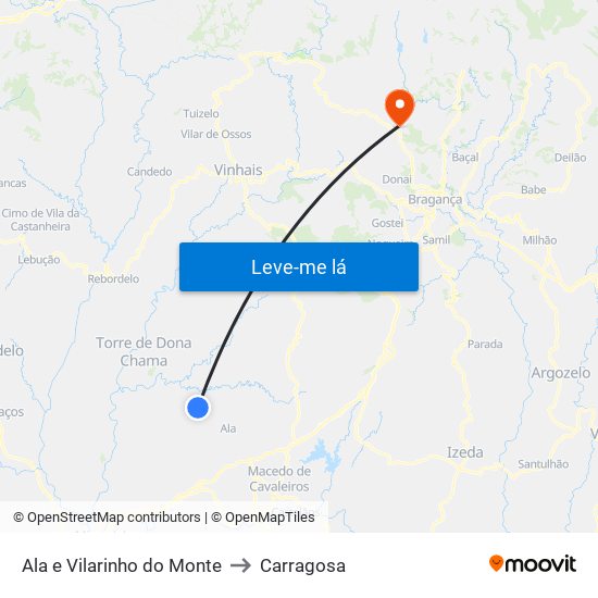 Ala e Vilarinho do Monte to Carragosa map