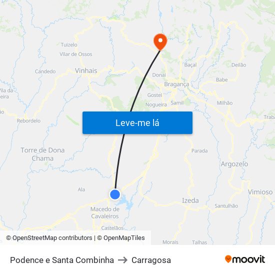 Podence e Santa Combinha to Carragosa map