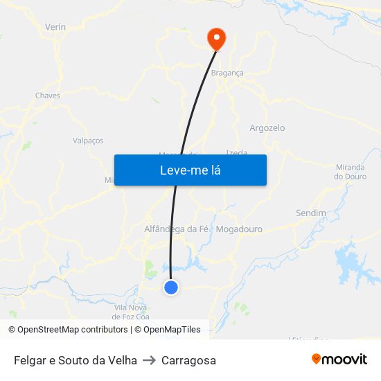 Felgar e Souto da Velha to Carragosa map
