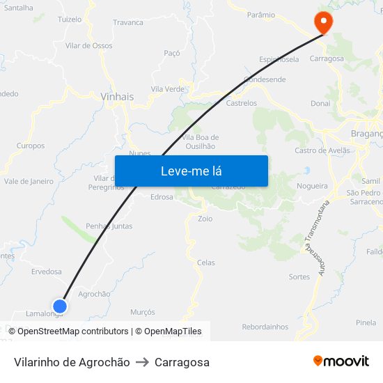 Vilarinho de Agrochão to Carragosa map