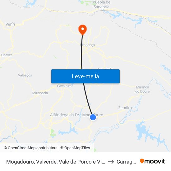 Mogadouro, Valverde, Vale de Porco e Vilar de Rei to Carragosa map