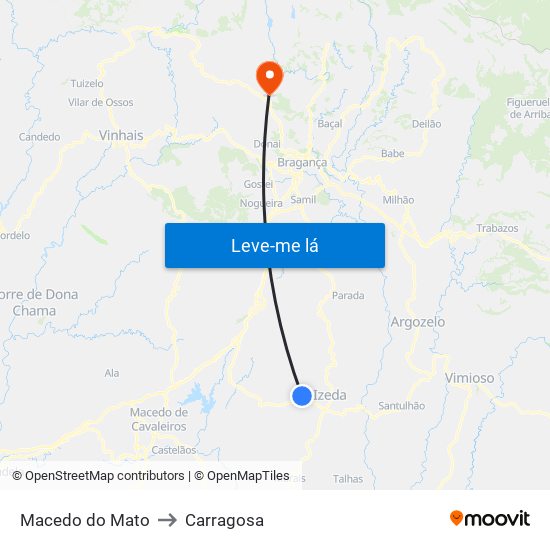 Macedo do Mato to Carragosa map