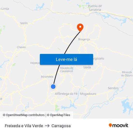 Freixeda e Vila Verde to Carragosa map