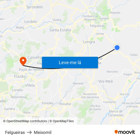 Felgueiras to Meixomil map