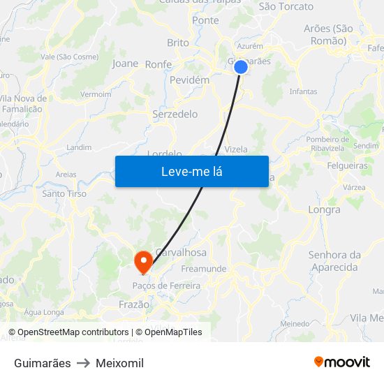 Guimarães to Meixomil map