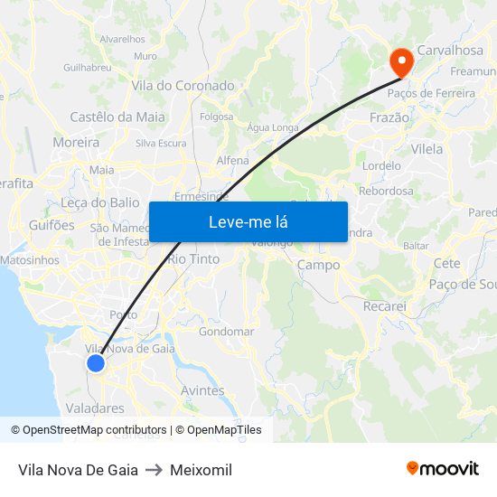 Vila Nova De Gaia to Meixomil map
