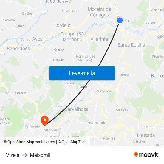 Vizela to Meixomil map