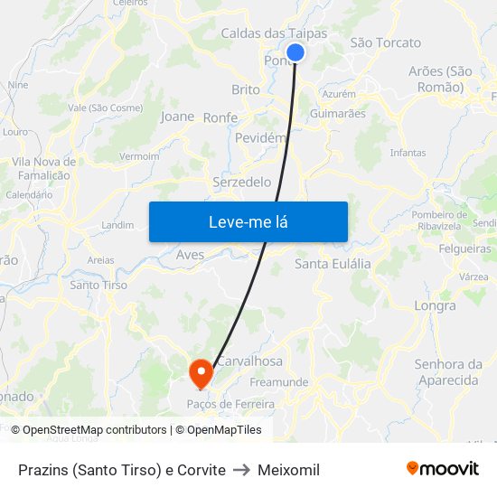 Prazins (Santo Tirso) e Corvite to Meixomil map