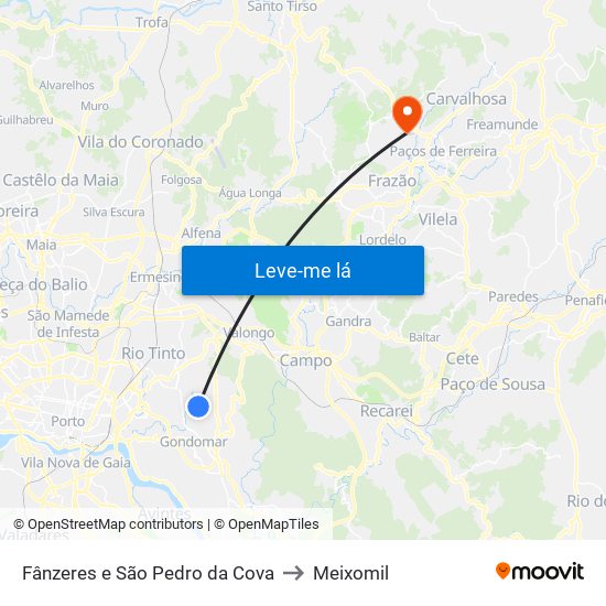 Fânzeres e São Pedro da Cova to Meixomil map