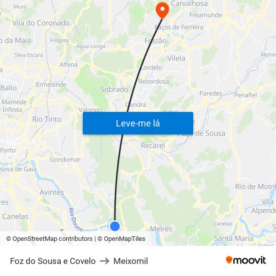 Foz do Sousa e Covelo to Meixomil map