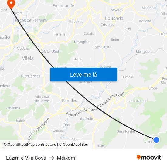 Luzim e Vila Cova to Meixomil map