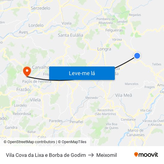 Vila Cova da Lixa e Borba de Godim to Meixomil map