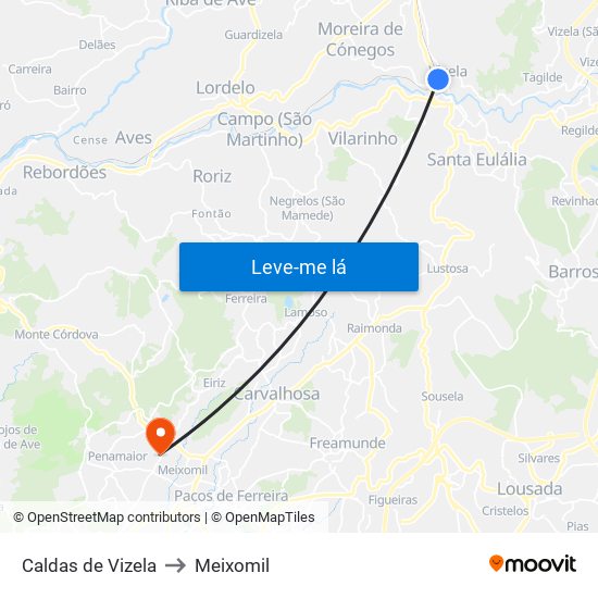 Caldas de Vizela to Meixomil map