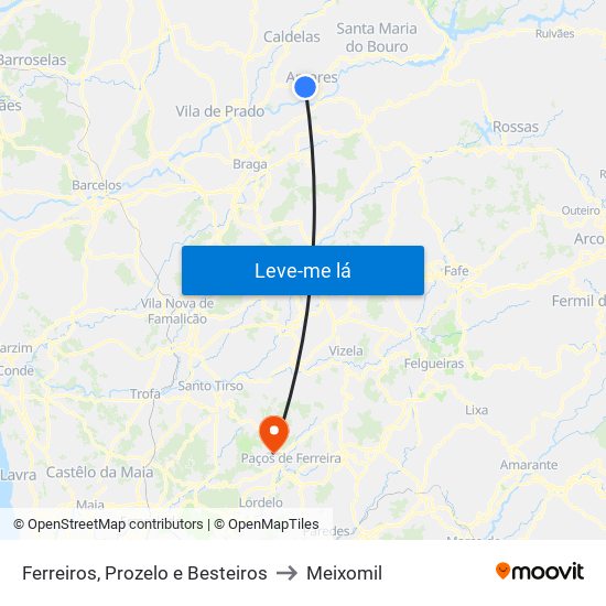 Ferreiros, Prozelo e Besteiros to Meixomil map