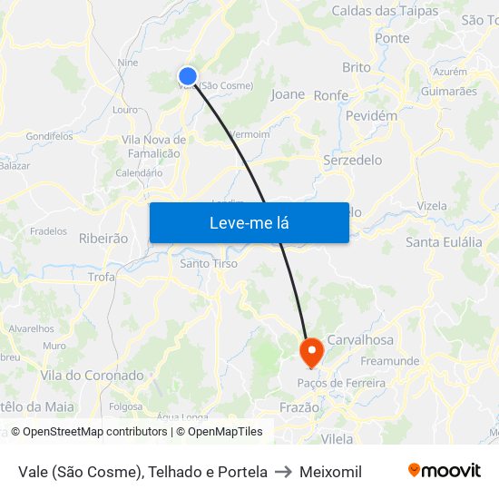 Vale (São Cosme), Telhado e Portela to Meixomil map