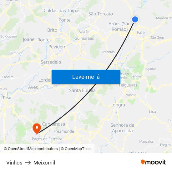 Vinhós to Meixomil map