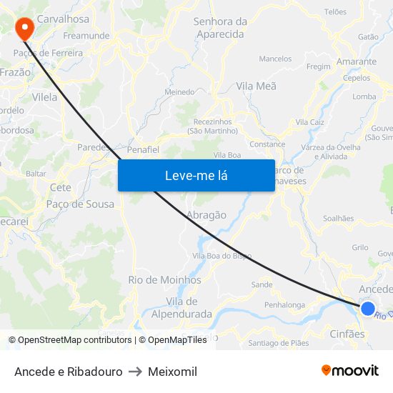 Ancede e Ribadouro to Meixomil map