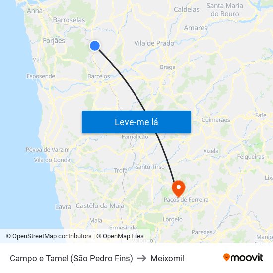 Campo e Tamel (São Pedro Fins) to Meixomil map