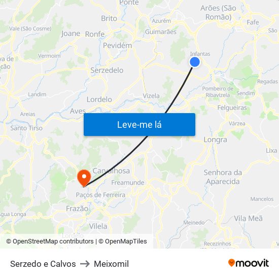 Serzedo e Calvos to Meixomil map