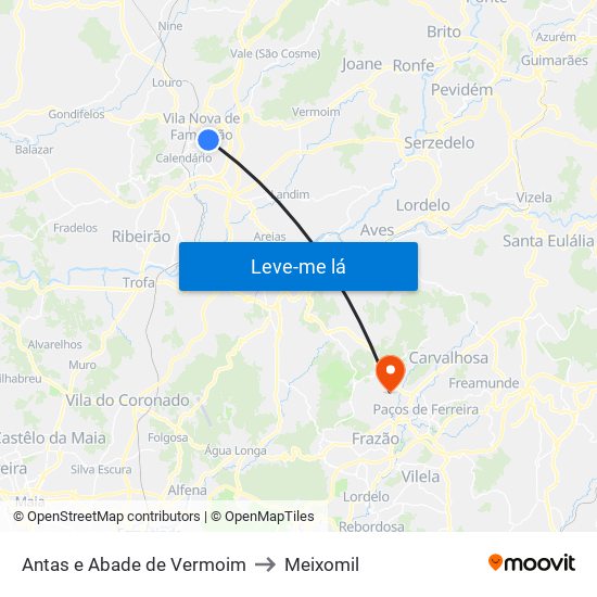 Antas e Abade de Vermoim to Meixomil map