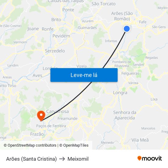 Arões (Santa Cristina) to Meixomil map