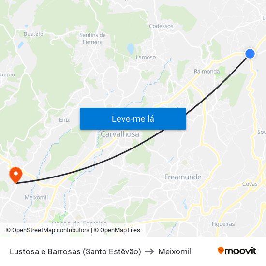Lustosa e Barrosas (Santo Estêvão) to Meixomil map