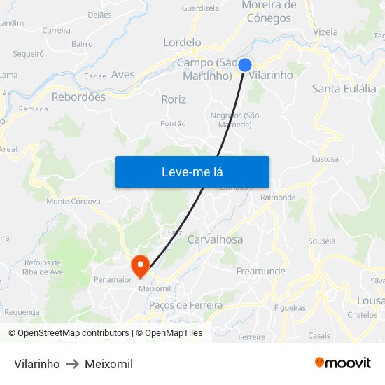 Vilarinho to Meixomil map