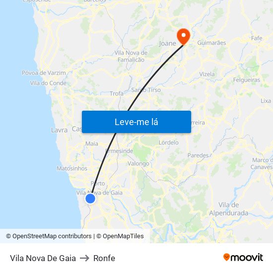 Vila Nova De Gaia to Ronfe map