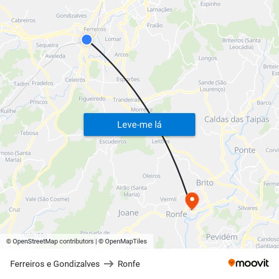 Ferreiros e Gondizalves to Ronfe map