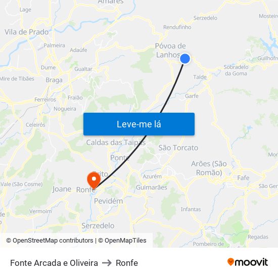 Fonte Arcada e Oliveira to Ronfe map