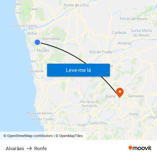 Alvarães to Ronfe map