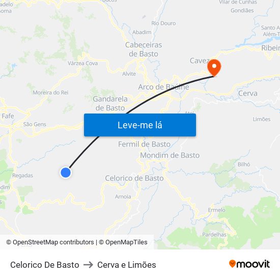 Celorico De Basto to Cerva e Limões map