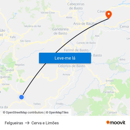 Felgueiras to Cerva e Limões map