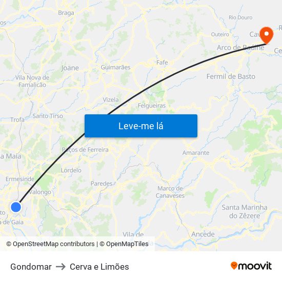 Gondomar to Cerva e Limões map