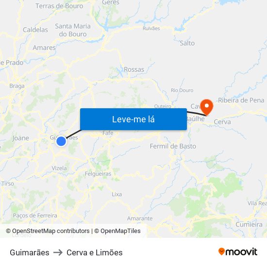 Guimarães to Cerva e Limões map