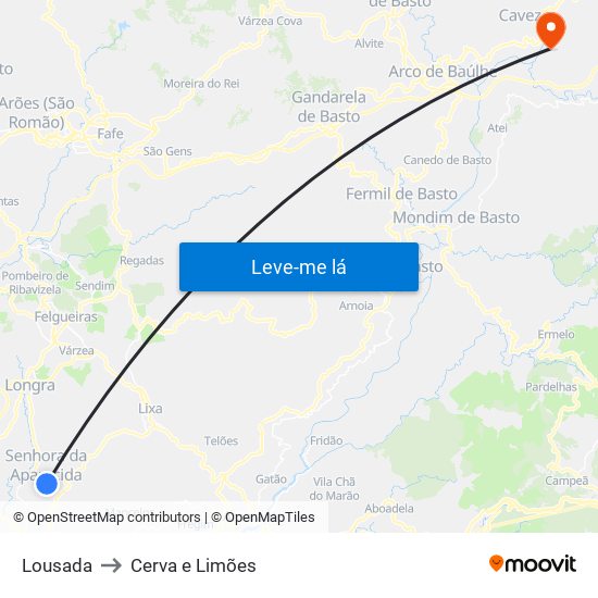 Lousada to Cerva e Limões map